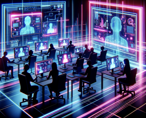 An image depicting a futuristic digital teleconference scene with neon streaks of pink and blue has been created, showing silhouettes of people in a virtual meeting across various digital devices.